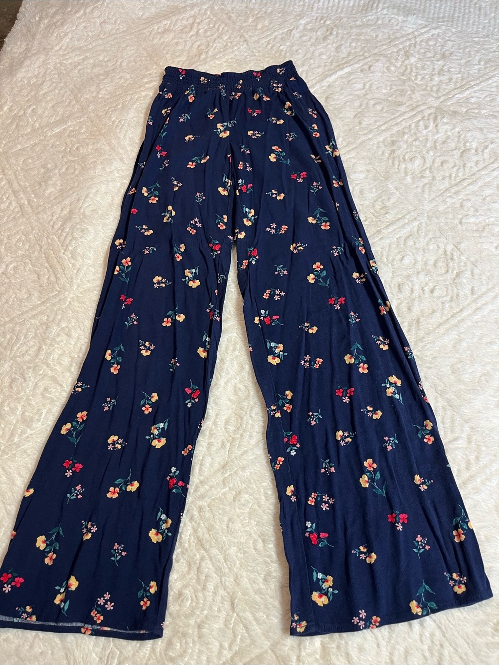 Pink Rose Navy Floral Smocked Wide-Leg Pants